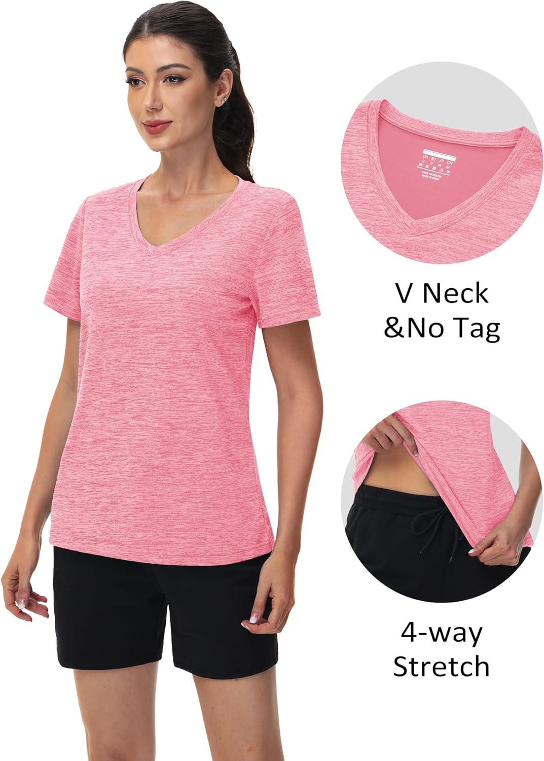 imageMAGCOMSEN Workout Tops for Women UPF 50 Quick Dry Short Sleeve Sun Protection VNeck Shirts Lightweight Hiking T ShirtsPink