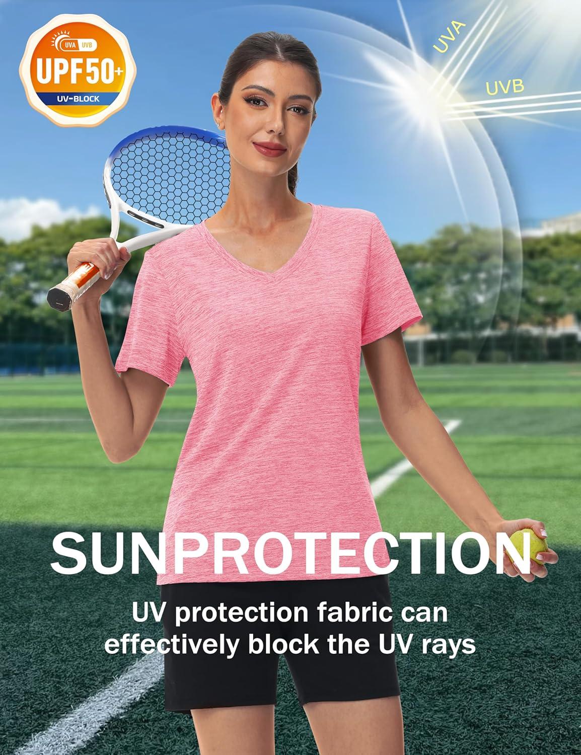 imageMAGCOMSEN Workout Tops for Women UPF 50 Quick Dry Short Sleeve Sun Protection VNeck Shirts Lightweight Hiking T ShirtsPink