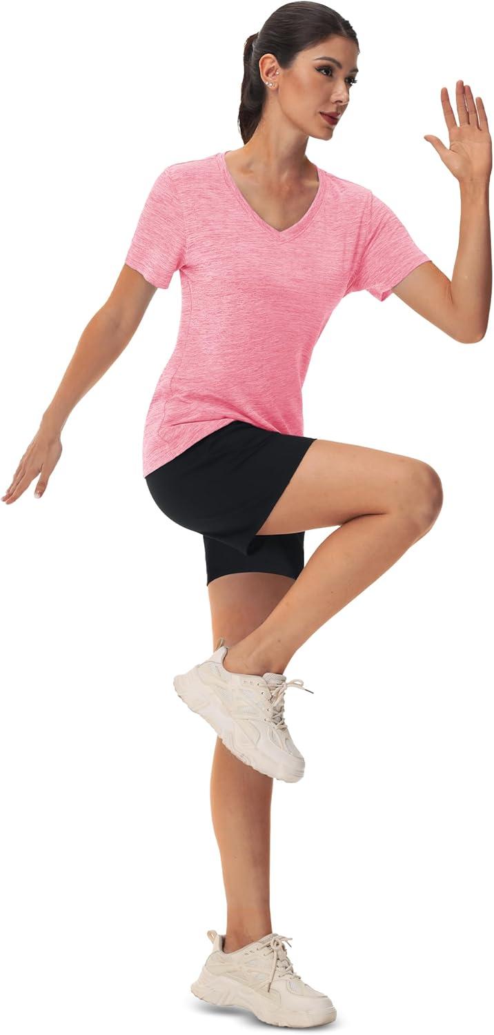 imageMAGCOMSEN Workout Tops for Women UPF 50 Quick Dry Short Sleeve Sun Protection VNeck Shirts Lightweight Hiking T ShirtsPink