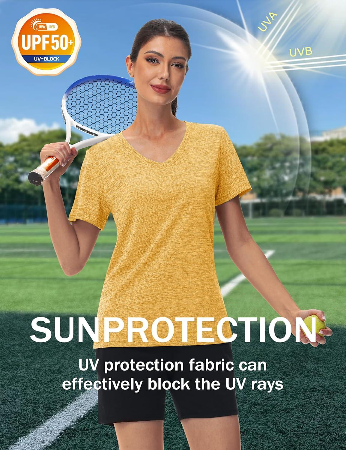 imageMAGCOMSEN Workout Tops for Women UPF 50 Quick Dry Short Sleeve Sun Protection VNeck Shirts Lightweight Hiking T ShirtsTurmeric