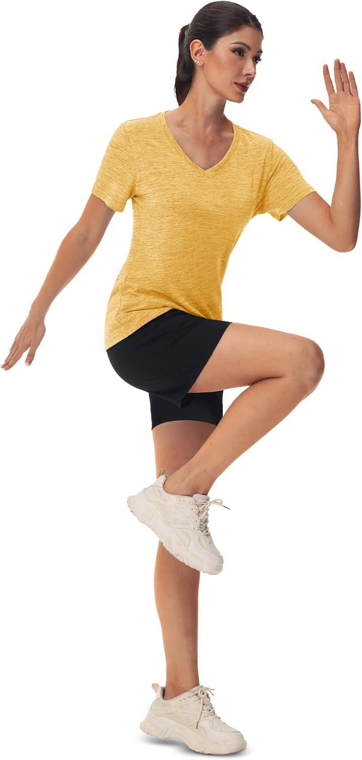 imageMAGCOMSEN Workout Tops for Women UPF 50 Quick Dry Short Sleeve Sun Protection VNeck Shirts Lightweight Hiking T ShirtsTurmeric