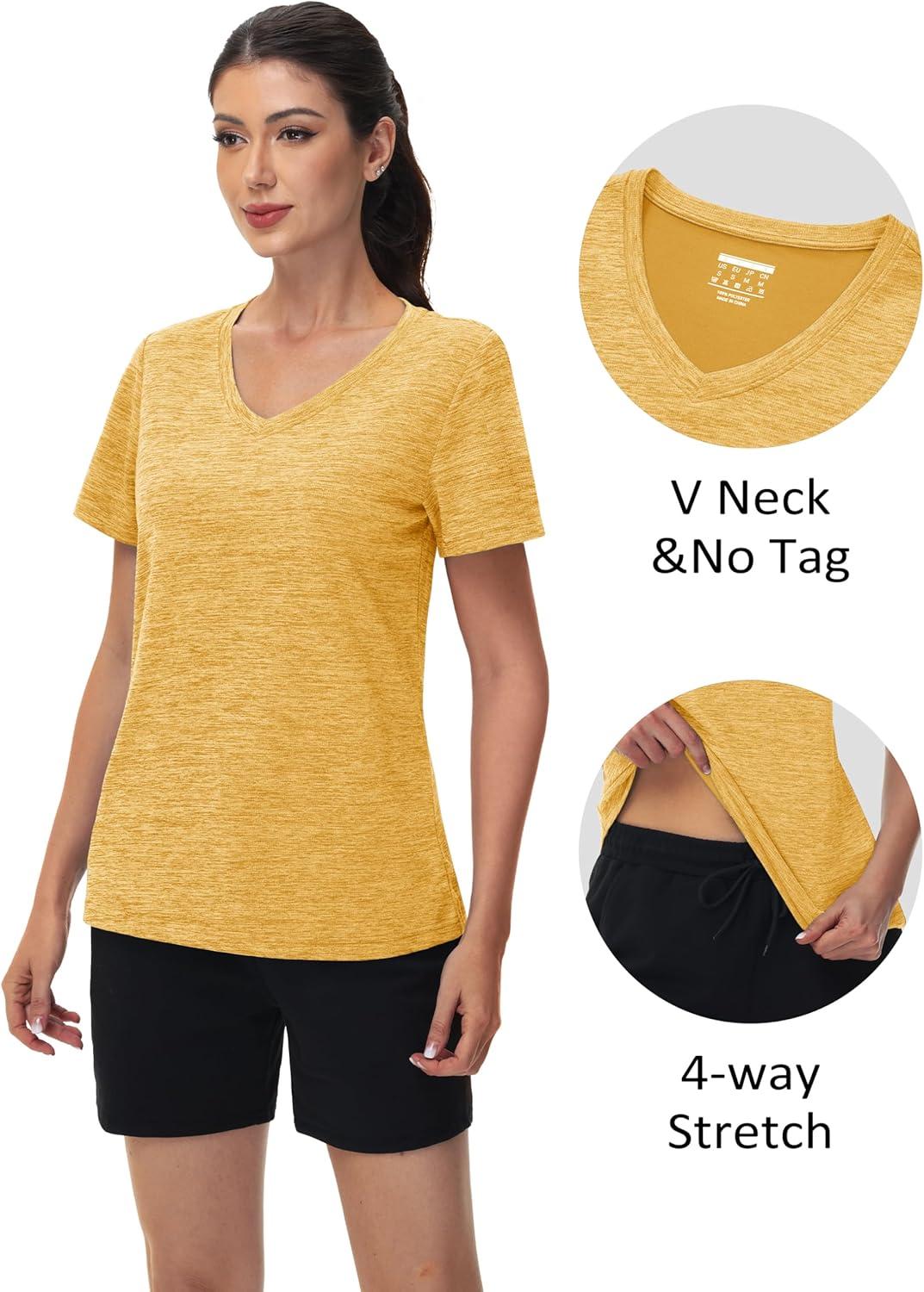 imageMAGCOMSEN Workout Tops for Women UPF 50 Quick Dry Short Sleeve Sun Protection VNeck Shirts Lightweight Hiking T ShirtsTurmeric
