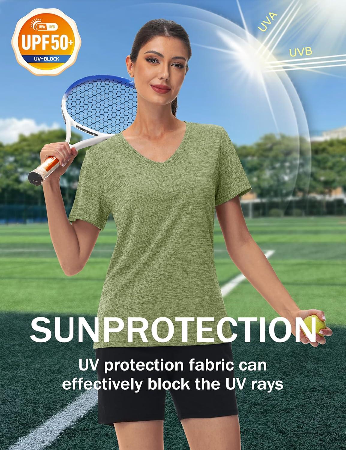 imageMAGCOMSEN Workout Tops for Women UPF 50 Quick Dry Short Sleeve Sun Protection VNeck Shirts Lightweight Hiking T ShirtsWheat Green