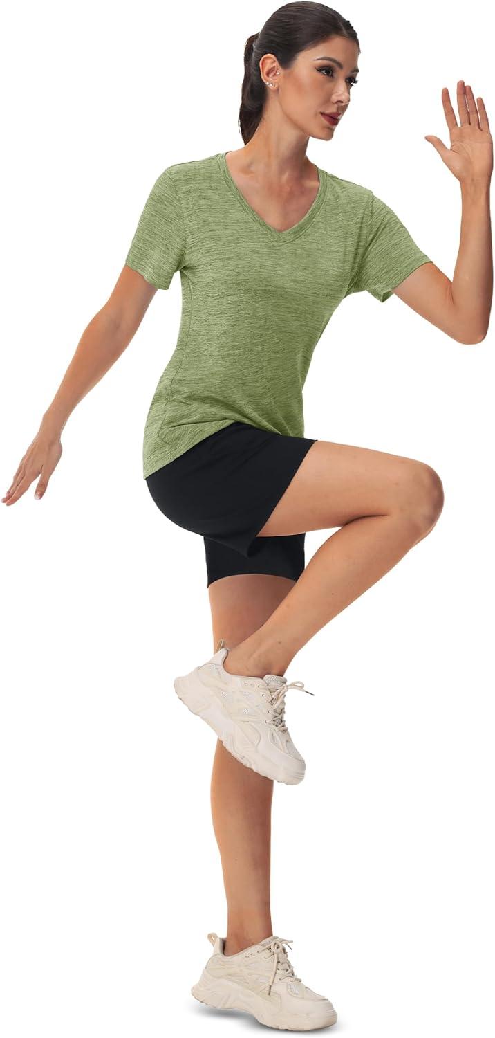 imageMAGCOMSEN Workout Tops for Women UPF 50 Quick Dry Short Sleeve Sun Protection VNeck Shirts Lightweight Hiking T ShirtsWheat Green