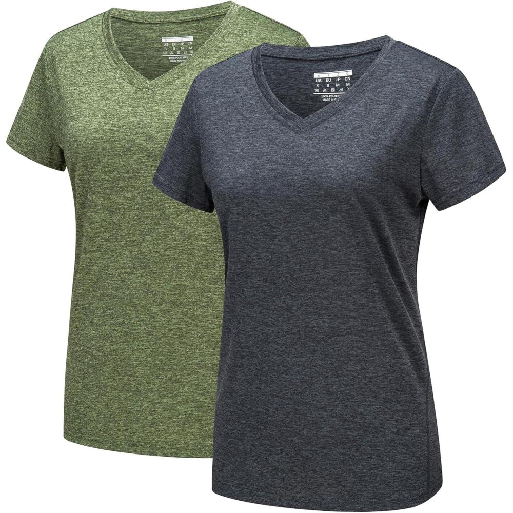 imageMAGCOMSEN 2 Pack Womens Short Sleeve Tees Moisture Wicking Shirts Summer V Neck Running TopsBlackAgreen