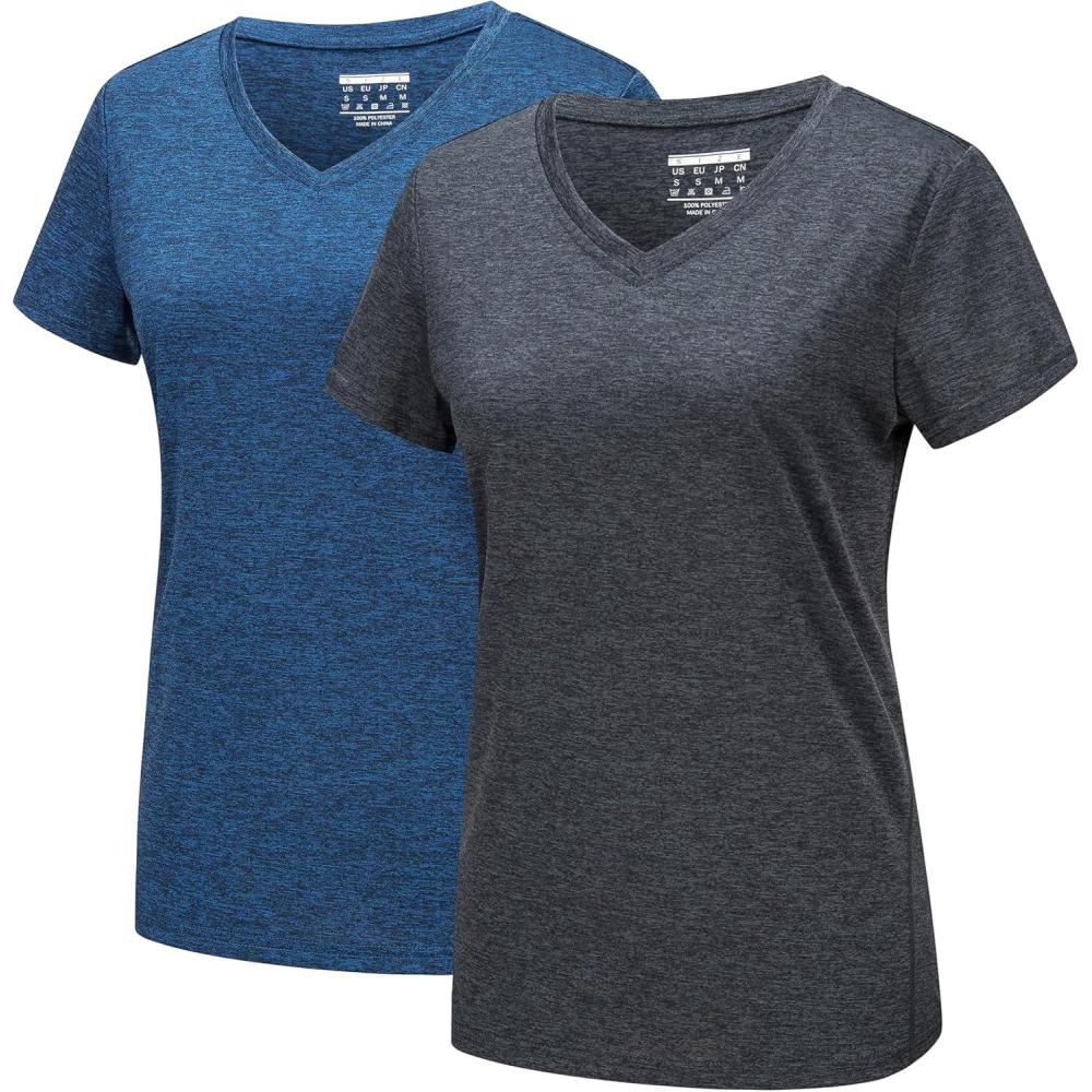 imageMAGCOMSEN 2 Pack Womens Short Sleeve Tees Moisture Wicking Shirts Summer V Neck Running TopsBlackDblue