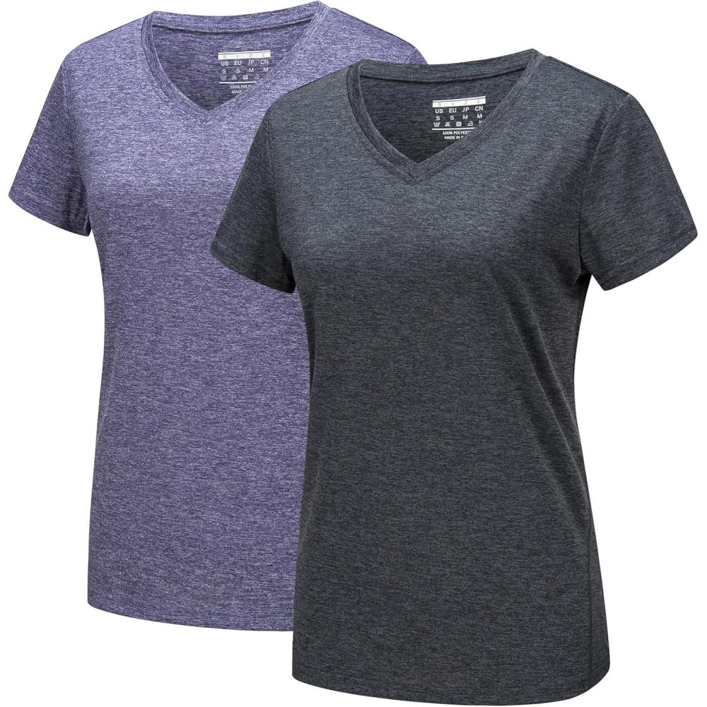 imageMAGCOMSEN 2 Pack Womens Short Sleeve Tees Moisture Wicking Shirts Summer V Neck Running TopsBlackViolet