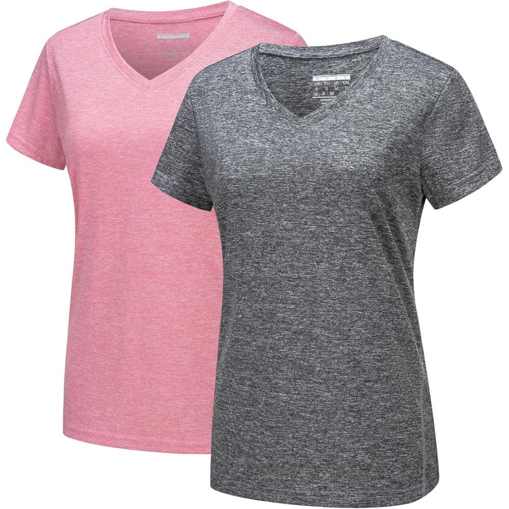 imageMAGCOMSEN 2 Pack Womens Short Sleeve Tees Moisture Wicking Shirts Summer V Neck Running TopsDgryPink