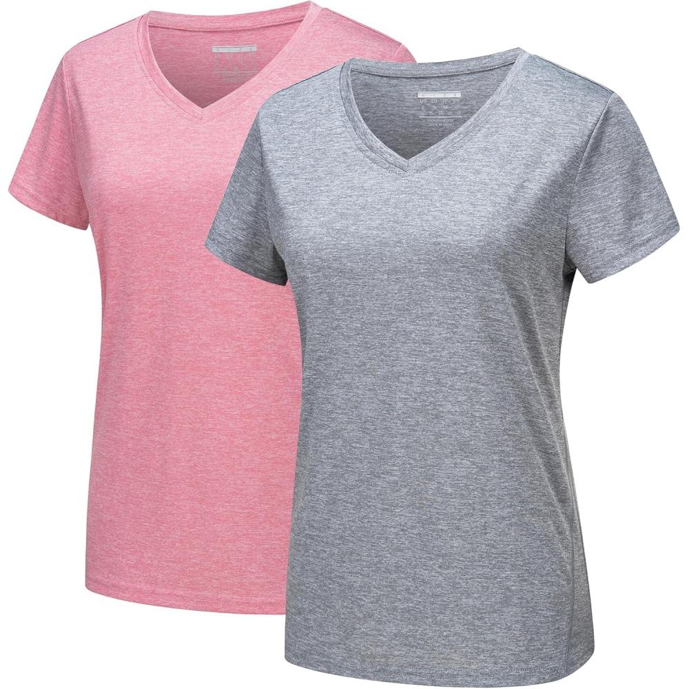 imageMAGCOMSEN 2 Pack Womens Short Sleeve Tees Moisture Wicking Shirts Summer V Neck Running TopsLgyPink