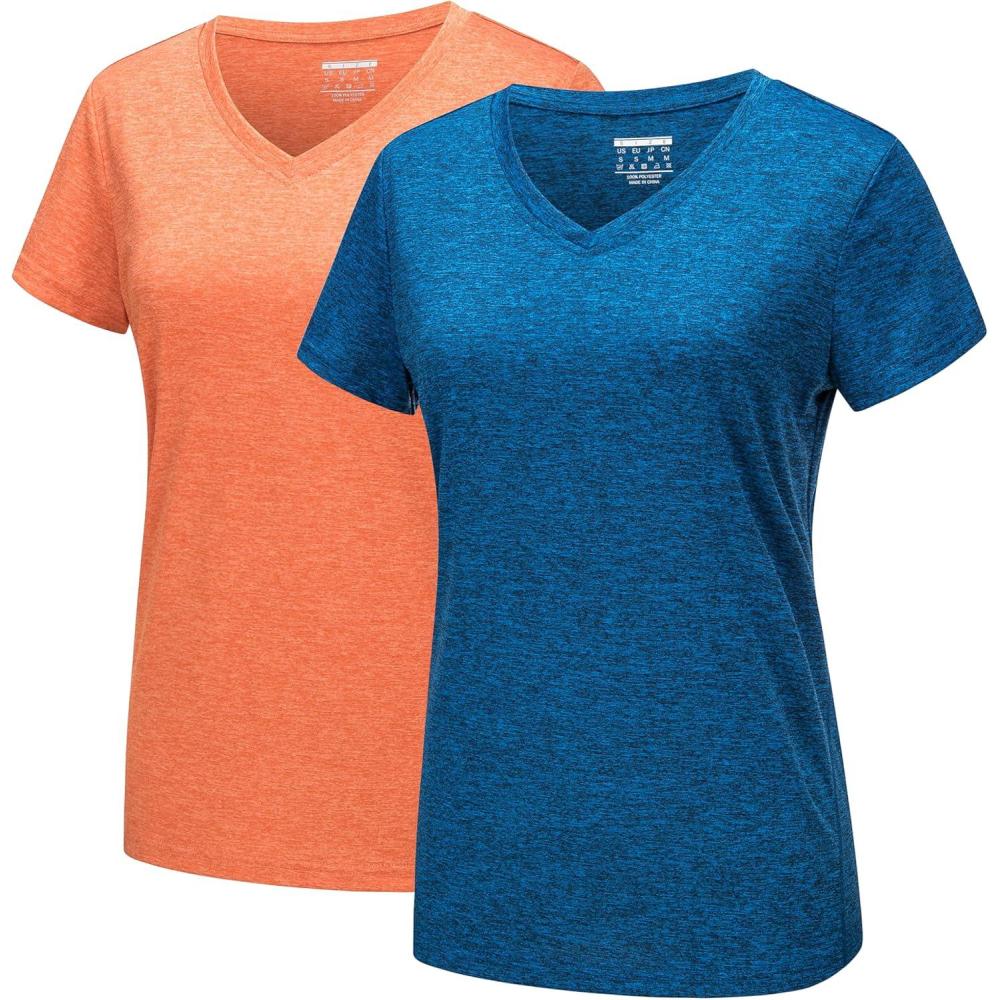 imageMAGCOMSEN 2 Pack Womens Short Sleeve Tees Moisture Wicking Shirts Summer V Neck Running TopsMblueOrange