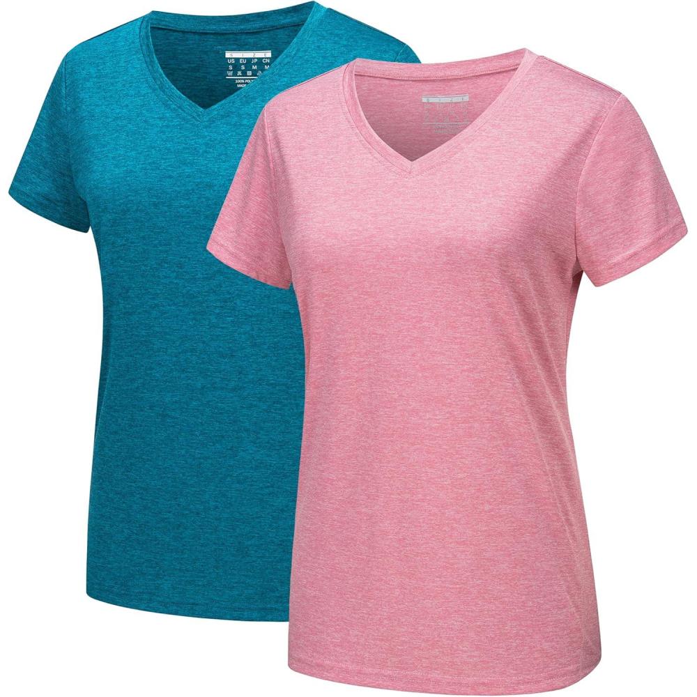 imageMAGCOMSEN 2 Pack Womens Short Sleeve Tees Moisture Wicking Shirts Summer V Neck Running TopsPinkPblue