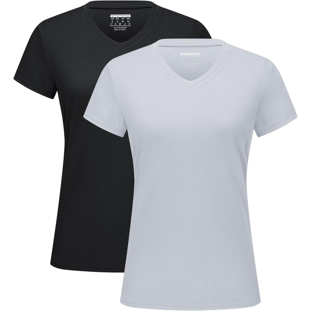 imageMAGCOMSEN 2 Pack Womens T Shirts VNeck Short Sleeve UPF 50 Sun Protection Workout Quick Dry Shirts Tee TopsBlackLight Gray