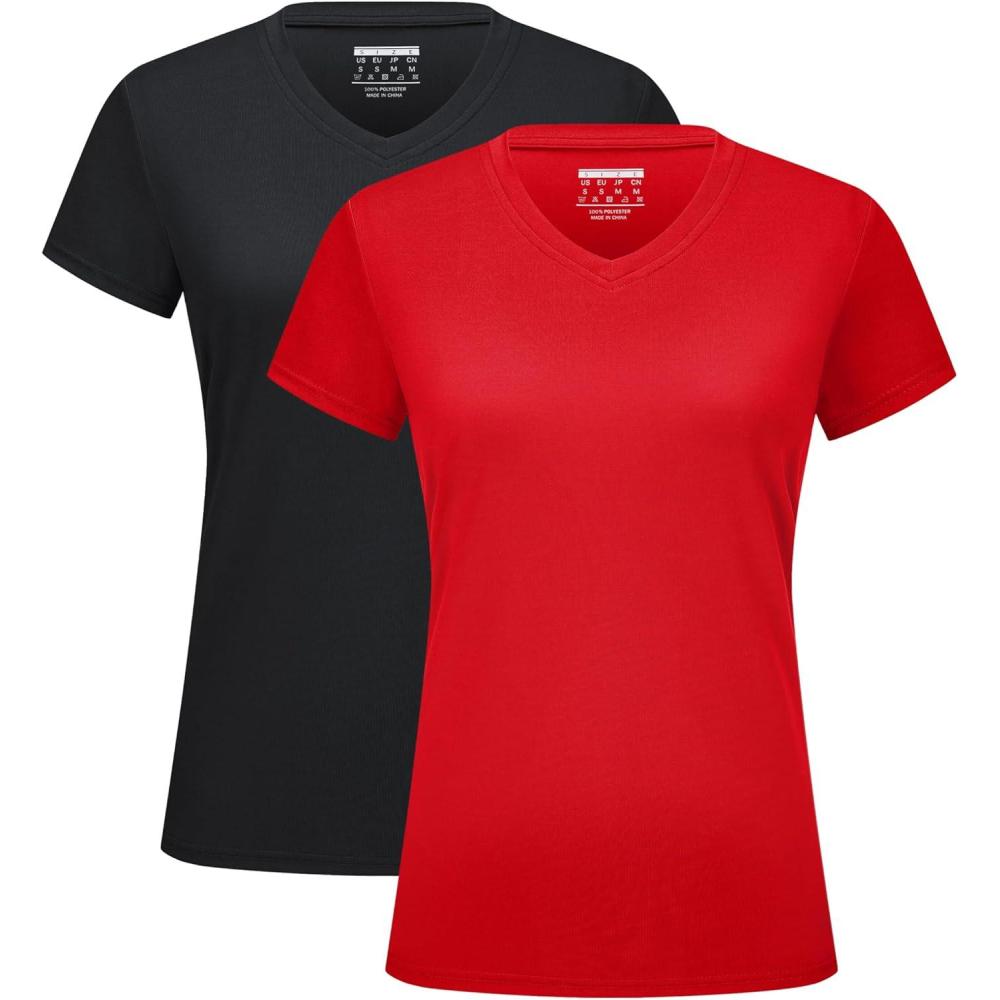 imageMAGCOMSEN 2 Pack Womens T Shirts VNeck Short Sleeve UPF 50 Sun Protection Workout Quick Dry Shirts Tee TopsBlackTomato Red