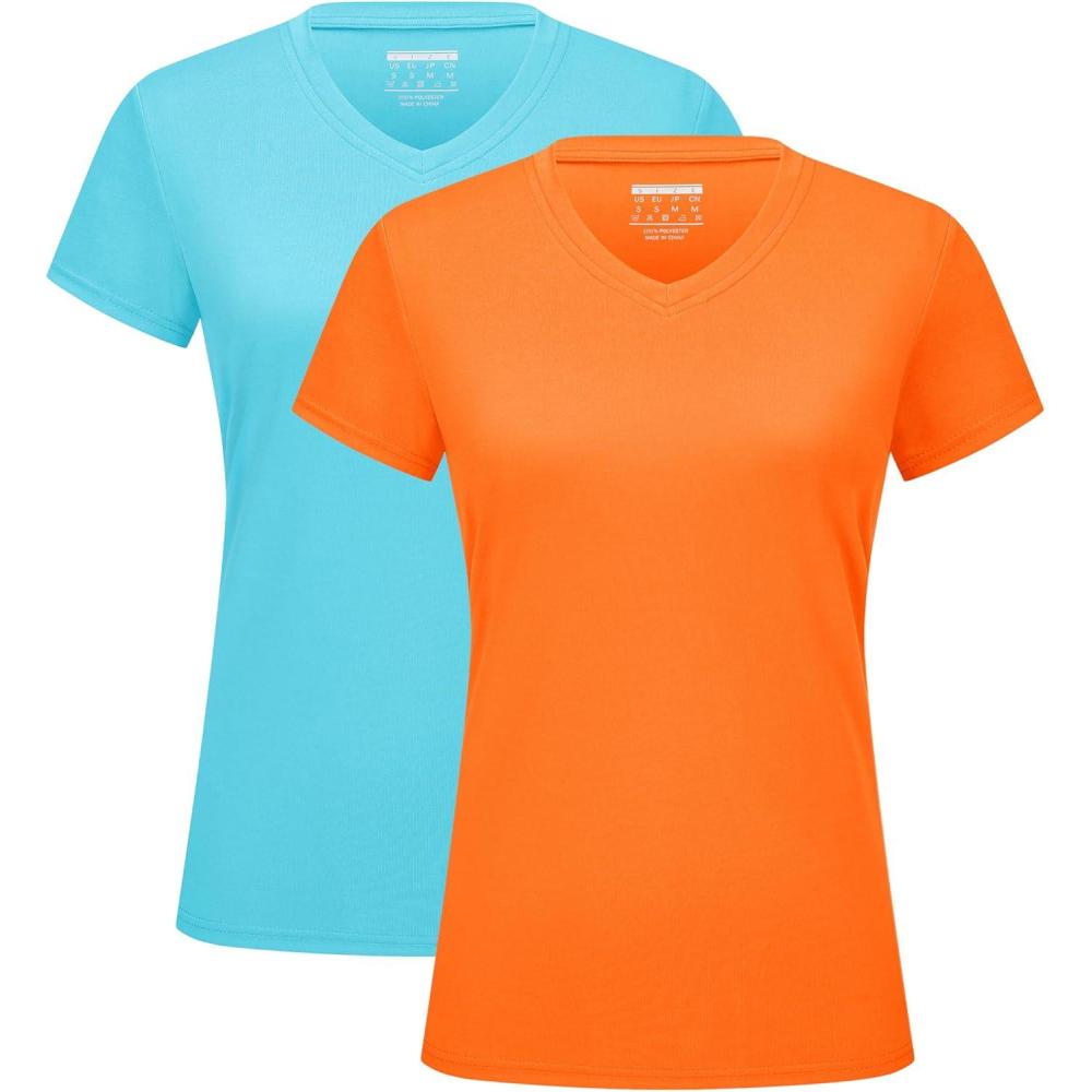 imageMAGCOMSEN 2 Pack Womens T Shirts VNeck Short Sleeve UPF 50 Sun Protection Workout Quick Dry Shirts Tee TopsIce BlueOrange