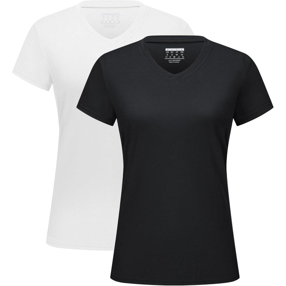 imageMAGCOMSEN 2 Pack Womens T Shirts VNeck Short Sleeve UPF 50 Sun Protection Workout Quick Dry Shirts Tee TopsWhiteBlack