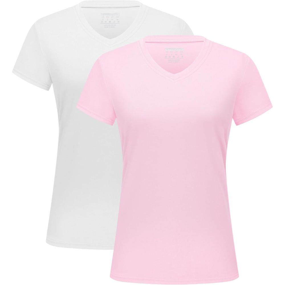 imageMAGCOMSEN 2 Pack Womens T Shirts VNeck Short Sleeve UPF 50 Sun Protection Workout Quick Dry Shirts Tee TopsWhiteLight Pink