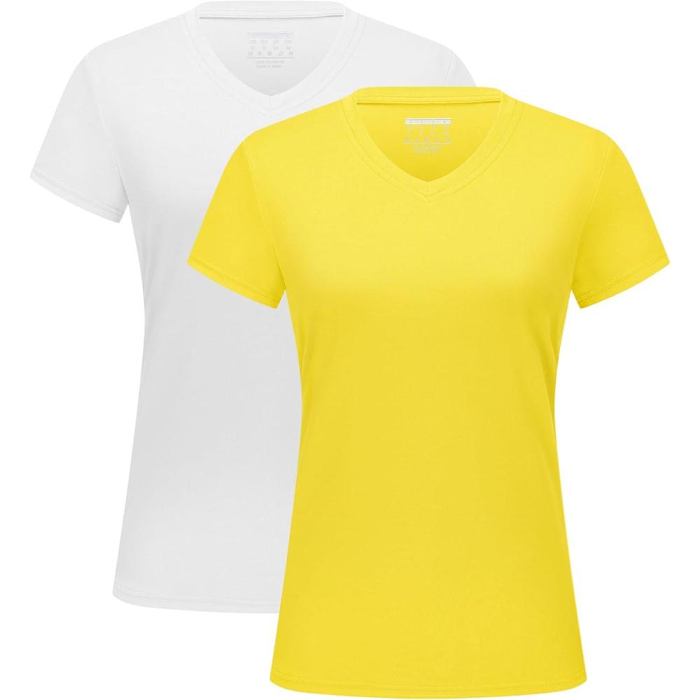 imageMAGCOMSEN 2 Pack Womens T Shirts VNeck Short Sleeve UPF 50 Sun Protection Workout Quick Dry Shirts Tee TopsWhiteYellow