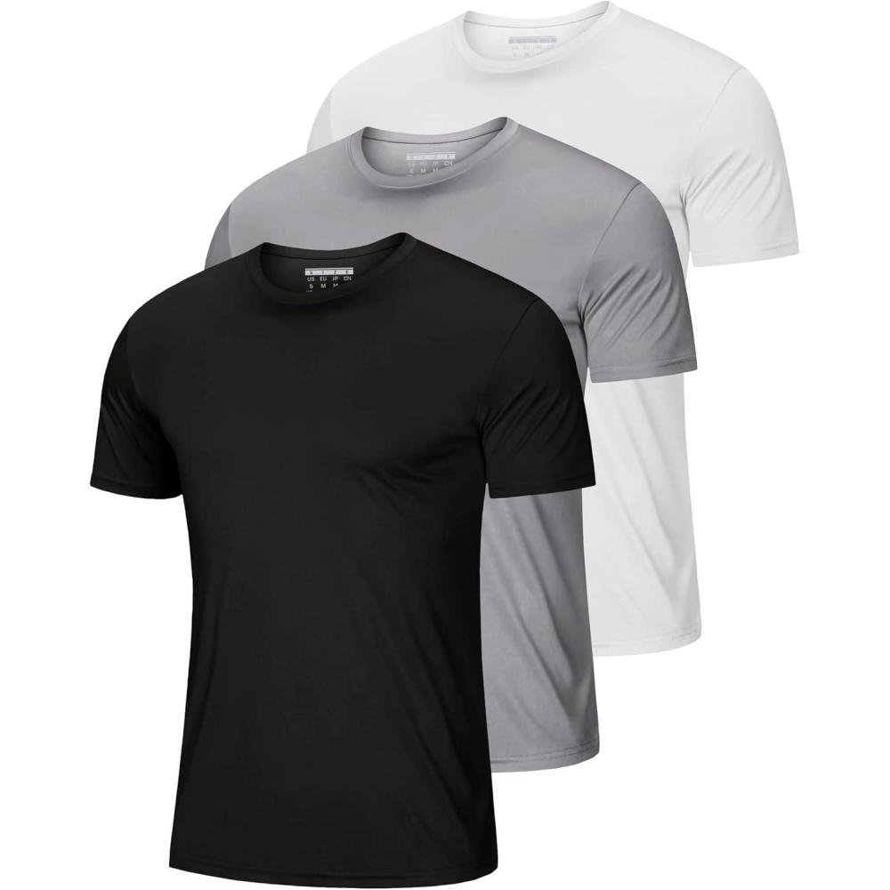 imageMAGCOMSEN 3 Pack Mens Short Sleeve Quick Dry Shirts Moisture Wicking UPF 50 Athletic Running Gym Workout Swim TShirtsBlackLight GreyWhite
