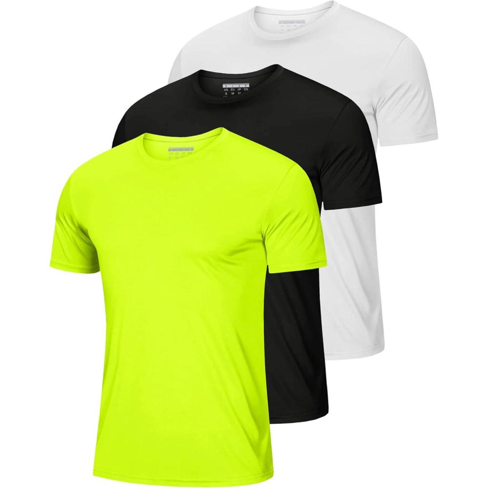 imageMAGCOMSEN 3 Pack Mens Short Sleeve Quick Dry Shirts Moisture Wicking UPF 50 Athletic Running Gym Workout Swim TShirtsFlgreenBlackWhite