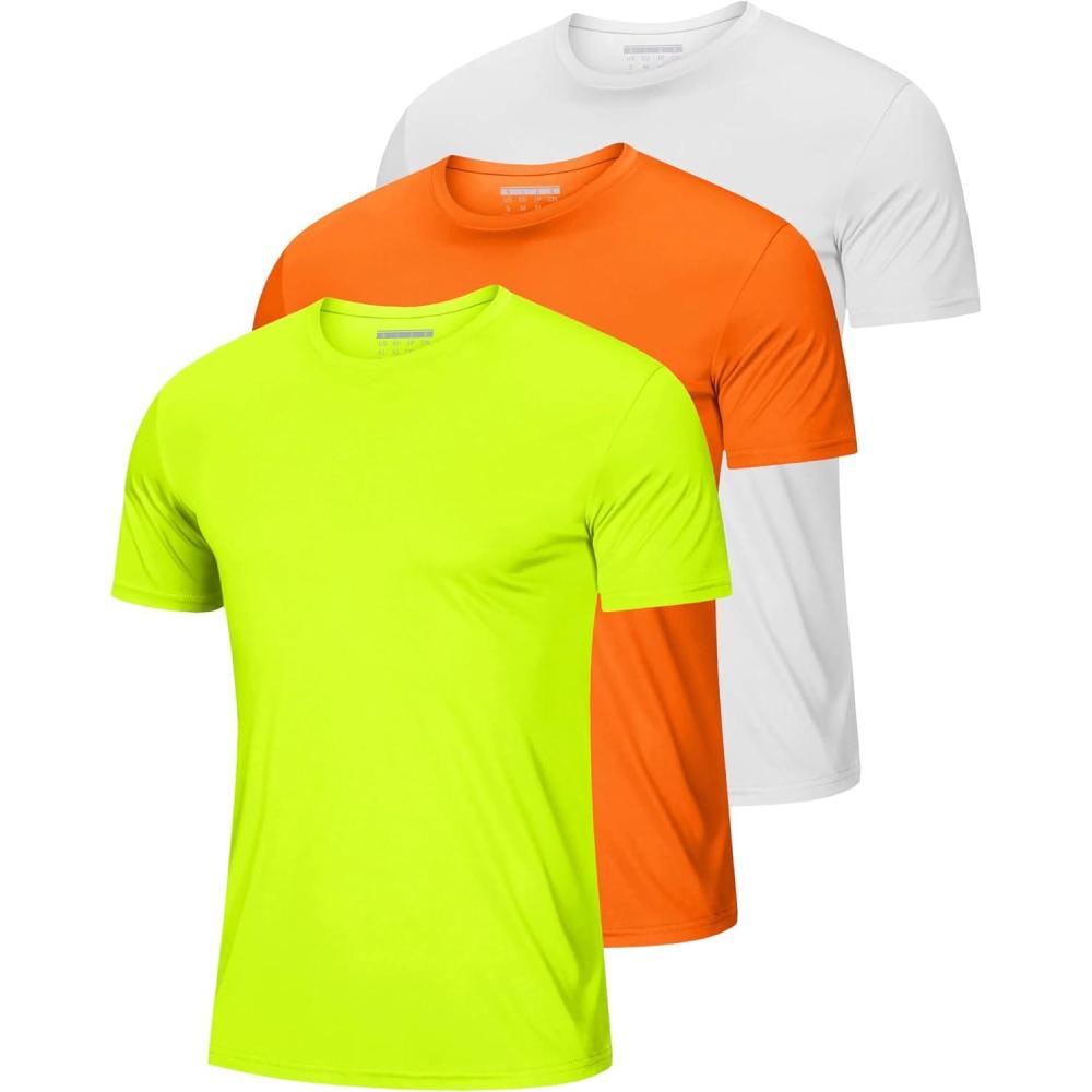 imageMAGCOMSEN 3 Pack Mens Short Sleeve Quick Dry Shirts Moisture Wicking UPF 50 Athletic Running Gym Workout Swim TShirtsFlgreenOrangeWhite