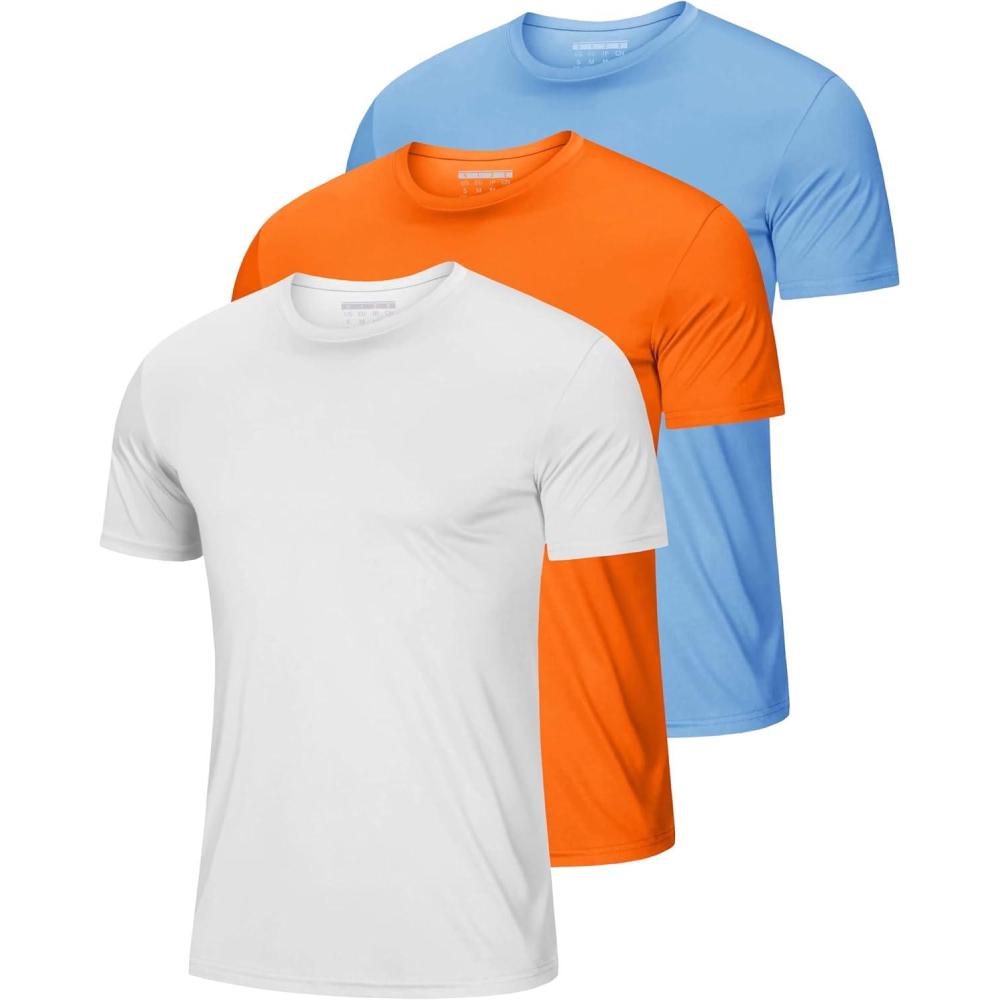 imageMAGCOMSEN 3 Pack Mens Short Sleeve Quick Dry Shirts Moisture Wicking UPF 50 Athletic Running Gym Workout Swim TShirtsWhiteFlgreenSky Blue