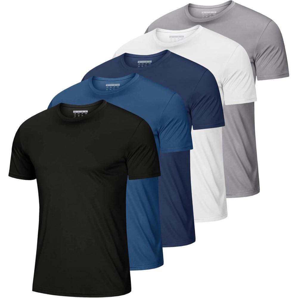 imageMAGCOMSEN 5 Pack Mens Short Sleeve UPF 50 Shirts Dry Fit Athletic Rash Guard Workout Running Swim Gym Performance TshirtsBlackBlue GreyNavyWhiteLight Grey