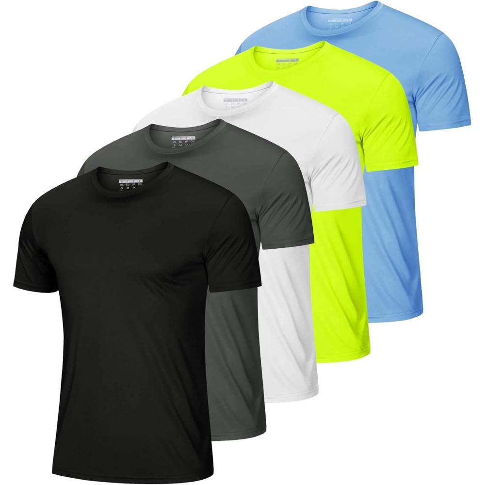 imageMAGCOMSEN 5 Pack Mens Short Sleeve UPF 50 Shirts Dry Fit Athletic Rash Guard Workout Running Swim Gym Performance TshirtsBlackDark GreyWhiteFluorescent GreenSky Blue