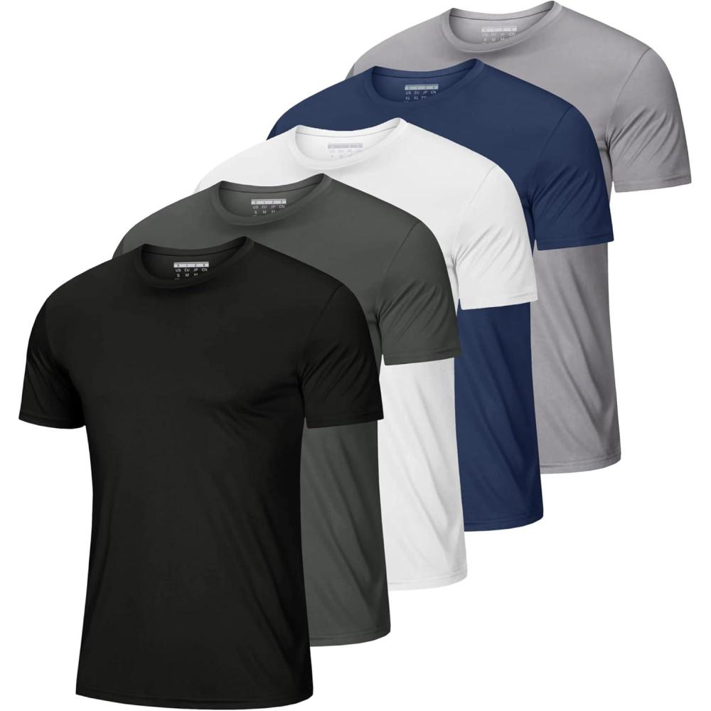 imageMAGCOMSEN 5 Pack Mens Short Sleeve UPF 50 Shirts Dry Fit Athletic Rash Guard Workout Running Swim Gym Performance TshirtsBlackDark GreyWhiteNavyLight Grey