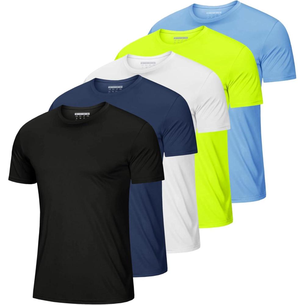 imageMAGCOMSEN 5 Pack Mens Short Sleeve UPF 50 Shirts Dry Fit Athletic Rash Guard Workout Running Swim Gym Performance TshirtsBlackNavyWhiteFluorescent GreenSky Blue