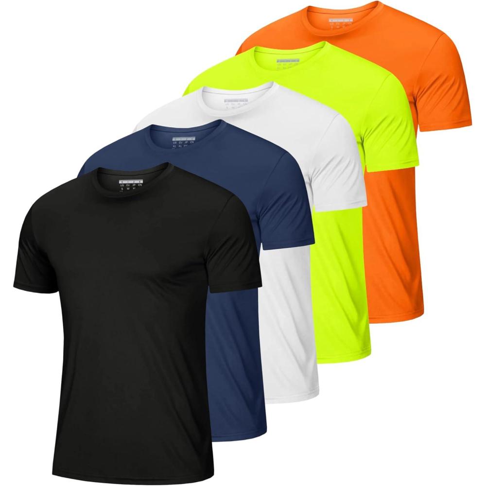 imageMAGCOMSEN 5 Pack Mens Short Sleeve UPF 50 Shirts Dry Fit Athletic Rash Guard Workout Running Swim Gym Performance TshirtsBlackNavyWhiteFluorescent GreenOrange