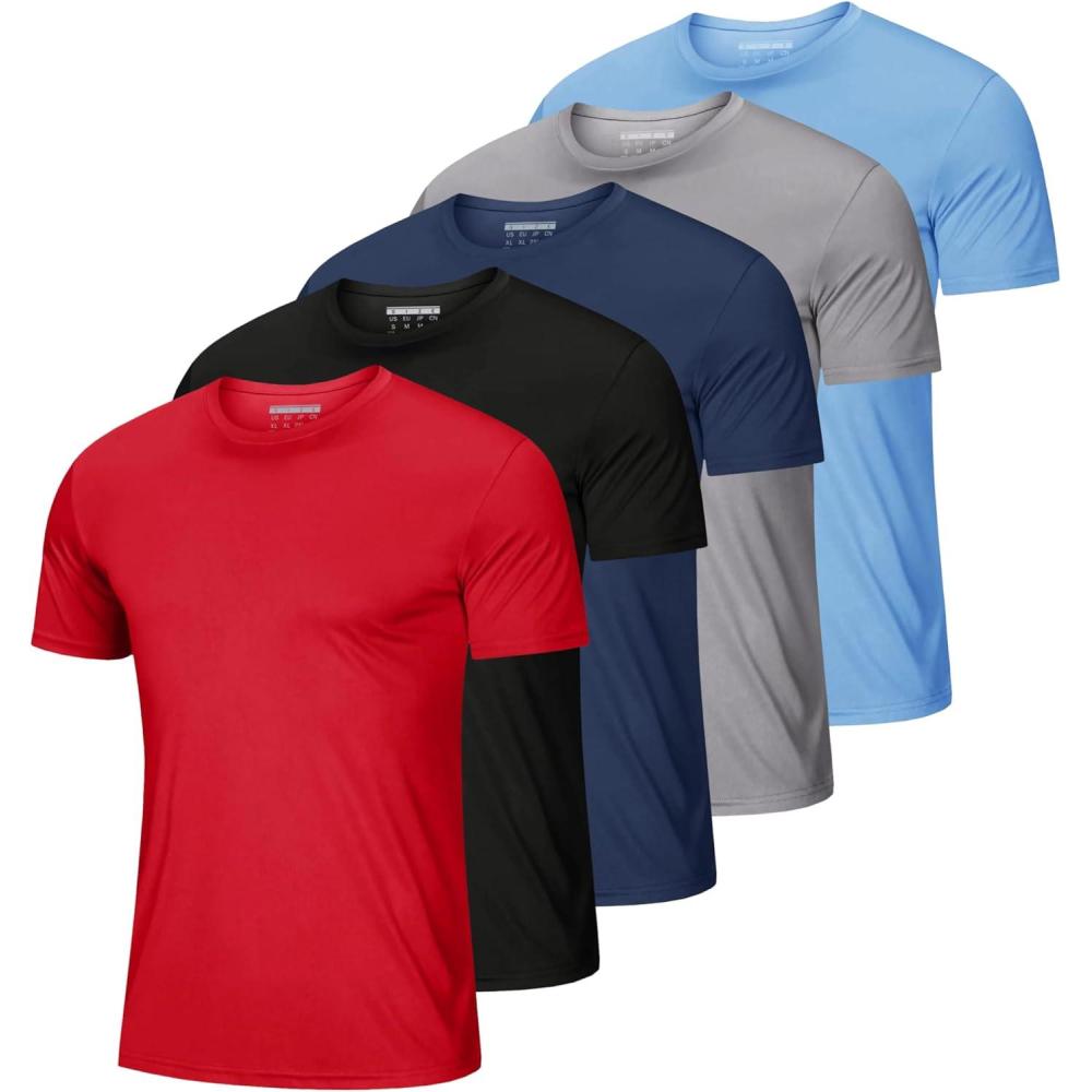 imageMAGCOMSEN 5 Pack Mens Short Sleeve UPF 50 Shirts Dry Fit Athletic Rash Guard Workout Running Swim Gym Performance TshirtsTomatoBlackNavyLight GreySky Blue