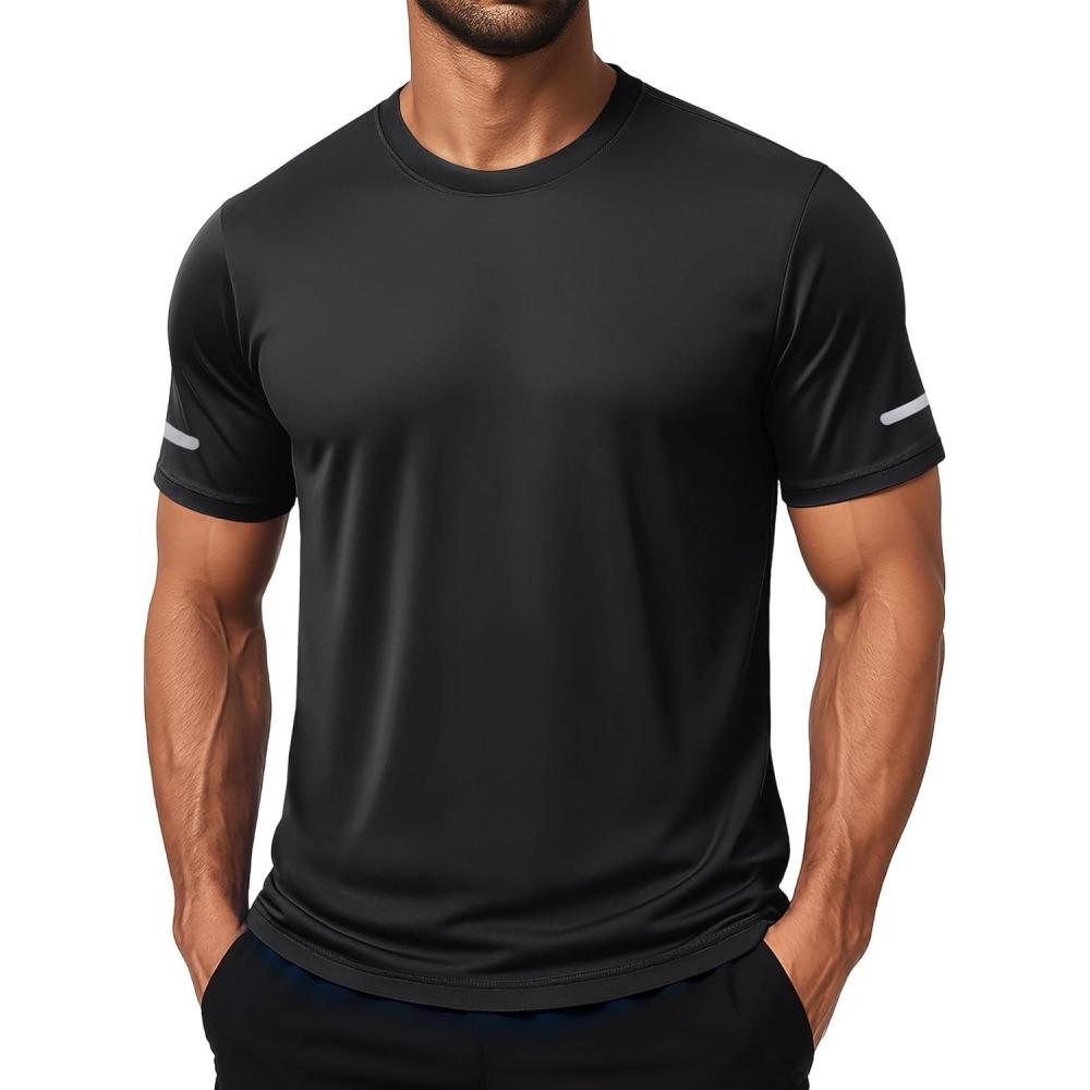 imageMAGCOMSEN Dry Fit Shirts for Men Sun Protection Athletic Short Sleeve Shirt Workout Gym Fishing Swim Rash GuardBlack