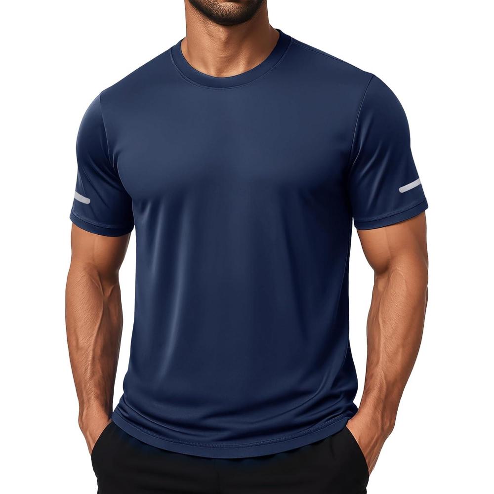 imageMAGCOMSEN Dry Fit Shirts for Men Sun Protection Athletic Short Sleeve Shirt Workout Gym Fishing Swim Rash GuardNavy
