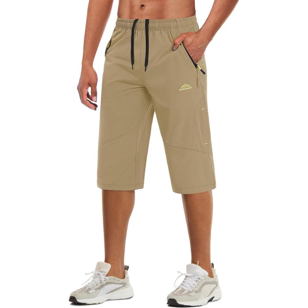 imageMAGCOMSEN Mens Capri Shorts Quick Dry Below Knee 34 Capri Pants with Zipper Pockets for Workout Running Training SummerKhaki