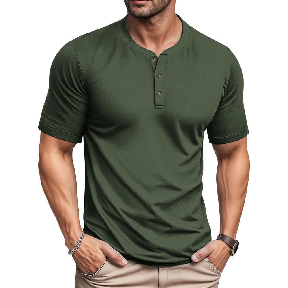 imageMAGCOMSEN Mens Henley Short Sleeve Shirt Cotton Lightweight 3 Button Tops Vintage Casual Summer Shirt Soft FashionArmy Greencotton