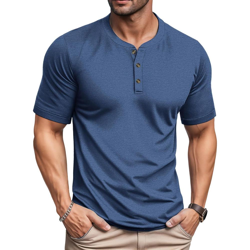 imageMAGCOMSEN Mens Henley Short Sleeve Shirt Cotton Lightweight 3 Button Tops Vintage Casual Summer Shirt Soft FashionGrey Bluecotton Blend