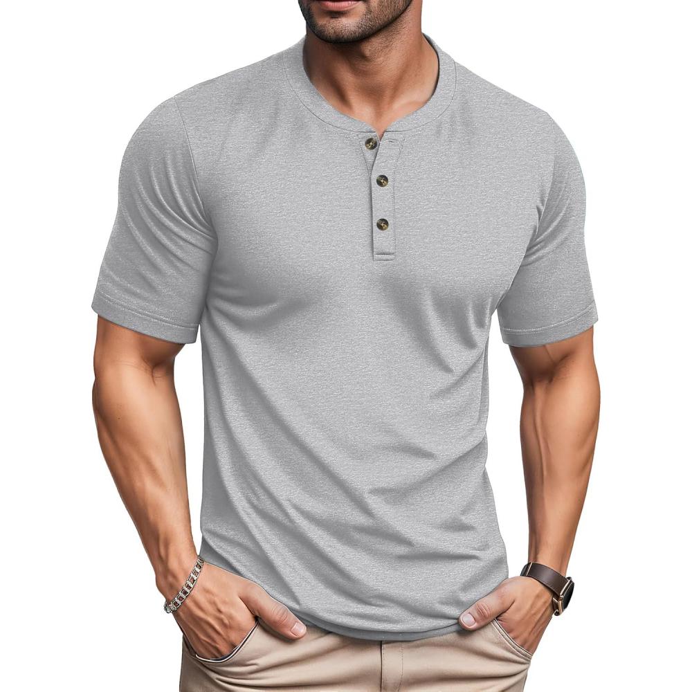 imageMAGCOMSEN Mens Henley Short Sleeve Shirt Cotton Lightweight 3 Button Tops Vintage Casual Summer Shirt Soft FashionLight Greycotton Blend