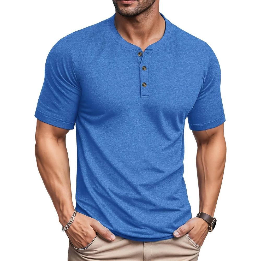 imageMAGCOMSEN Mens Henley Short Sleeve Shirt Cotton Lightweight 3 Button Tops Vintage Casual Summer Shirt Soft FashionSea Bluecotton Blend