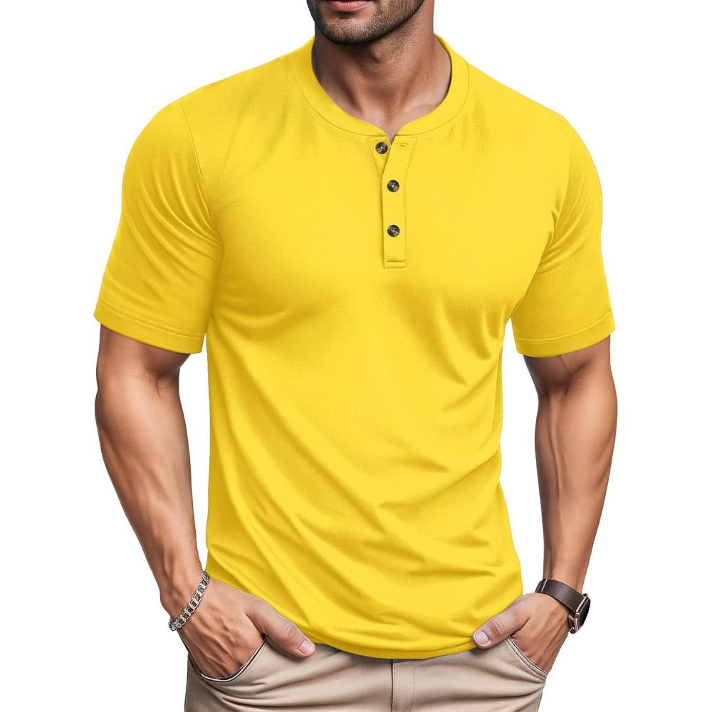 imageMAGCOMSEN Mens Henley Short Sleeve Shirt Cotton Lightweight 3 Button Tops Vintage Casual Summer Shirt Soft FashionYellowcotton