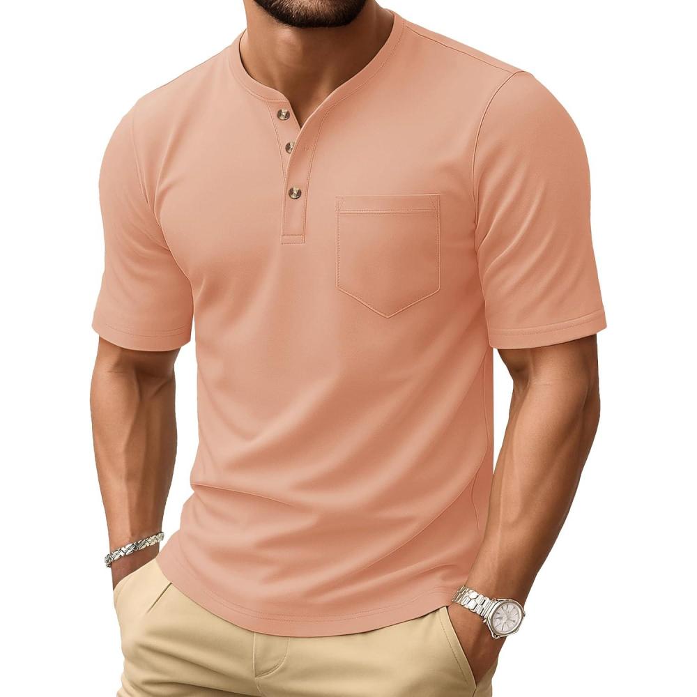 imageMAGCOMSEN Mens Henley Short Sleeve Shirt Cotton Lightweight Tee Shirts Casual Summer Basic Tees with PocketApricot