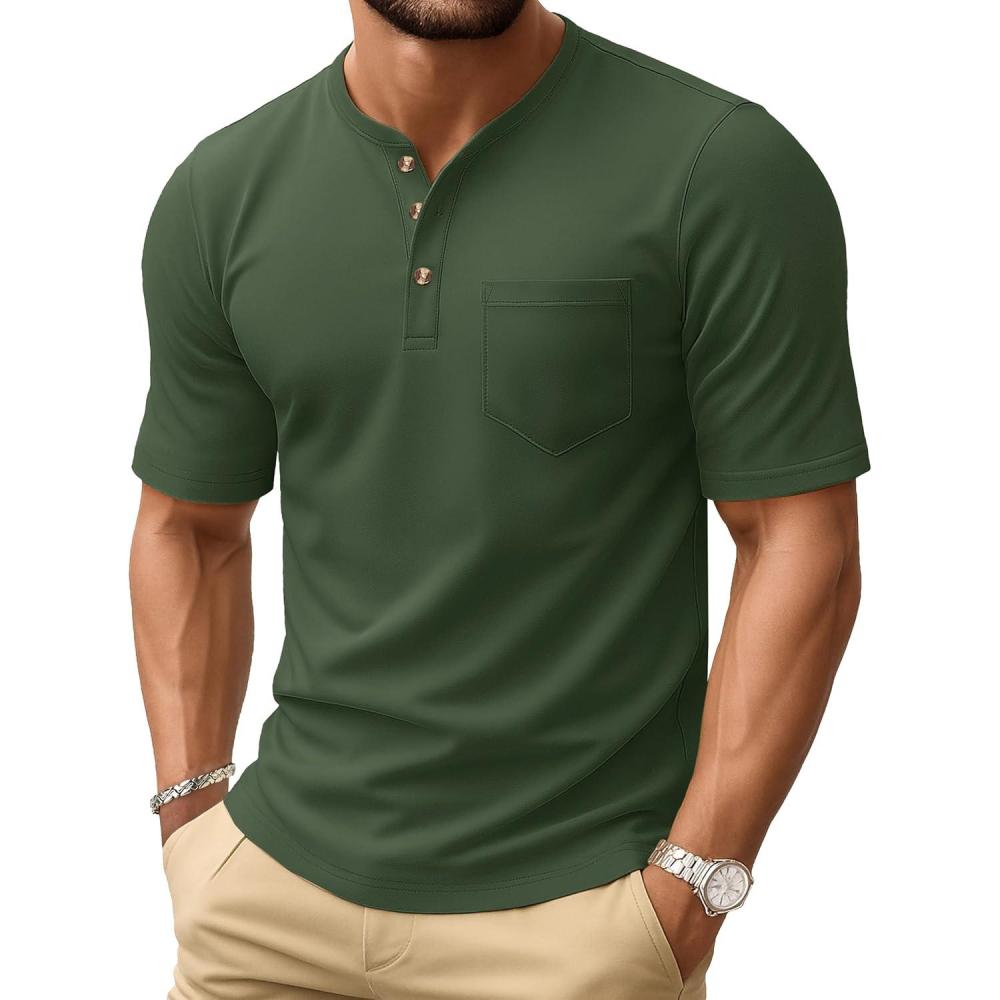 imageMAGCOMSEN Mens Henley Short Sleeve Shirt Cotton Lightweight Tee Shirts Casual Summer Basic Tees with PocketArmy Green