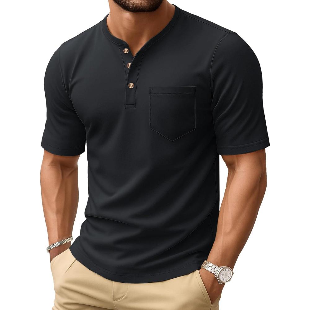 imageMAGCOMSEN Mens Henley Short Sleeve Shirt Cotton Lightweight Tee Shirts Casual Summer Basic Tees with PocketBlack