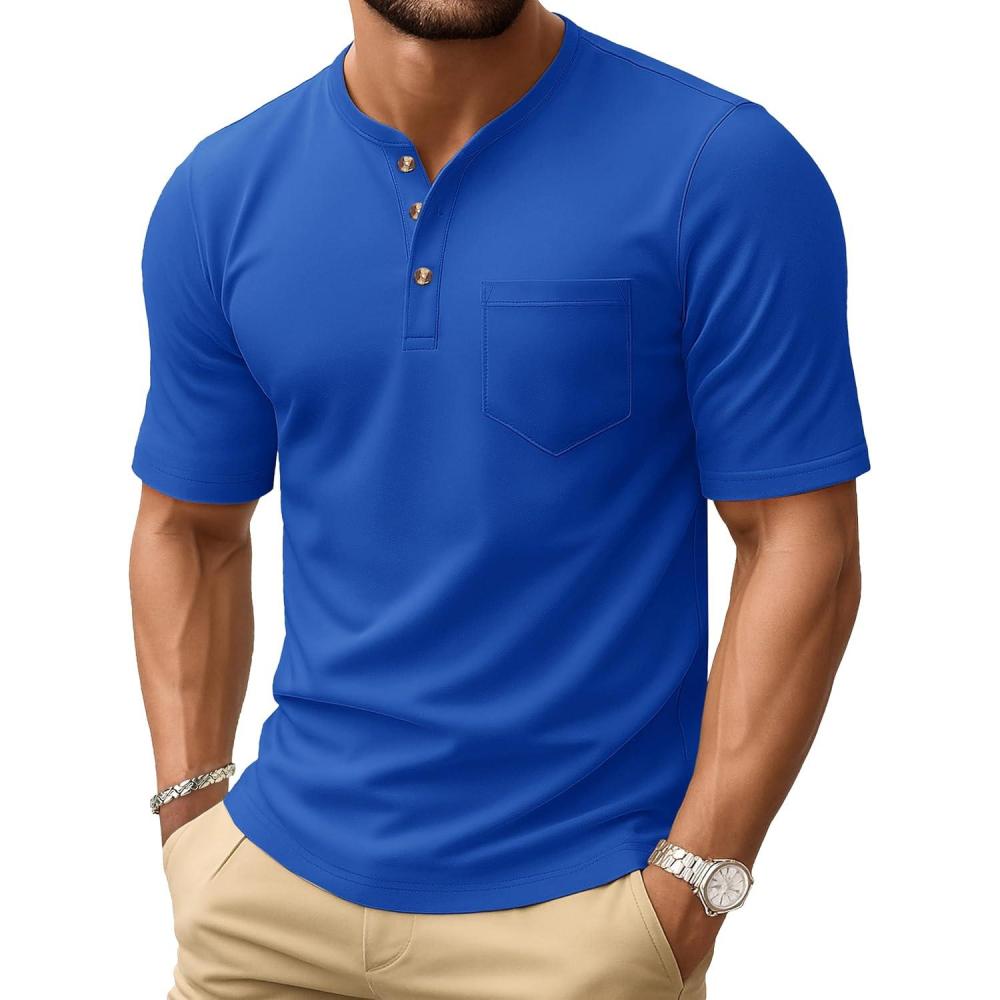 imageMAGCOMSEN Mens Henley Short Sleeve Shirt Cotton Lightweight Tee Shirts Casual Summer Basic Tees with PocketBright Blue