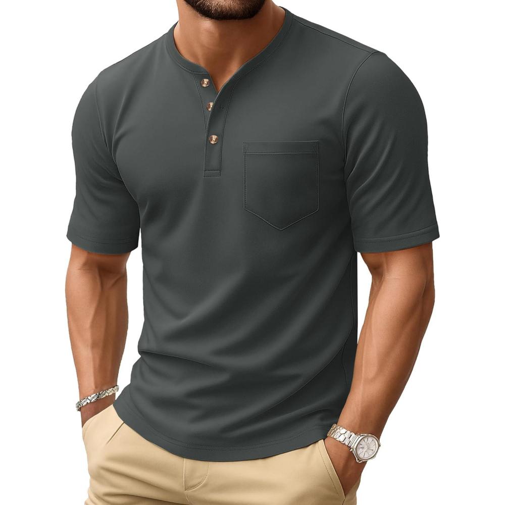 imageMAGCOMSEN Mens Henley Short Sleeve Shirt Cotton Lightweight Tee Shirts Casual Summer Basic Tees with PocketDark Grey