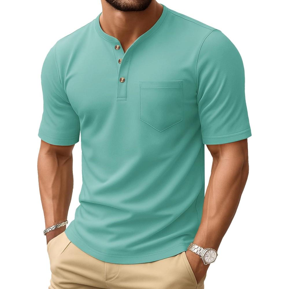 imageMAGCOMSEN Mens Henley Short Sleeve Shirt Cotton Lightweight Tee Shirts Casual Summer Basic Tees with PocketGrey Green