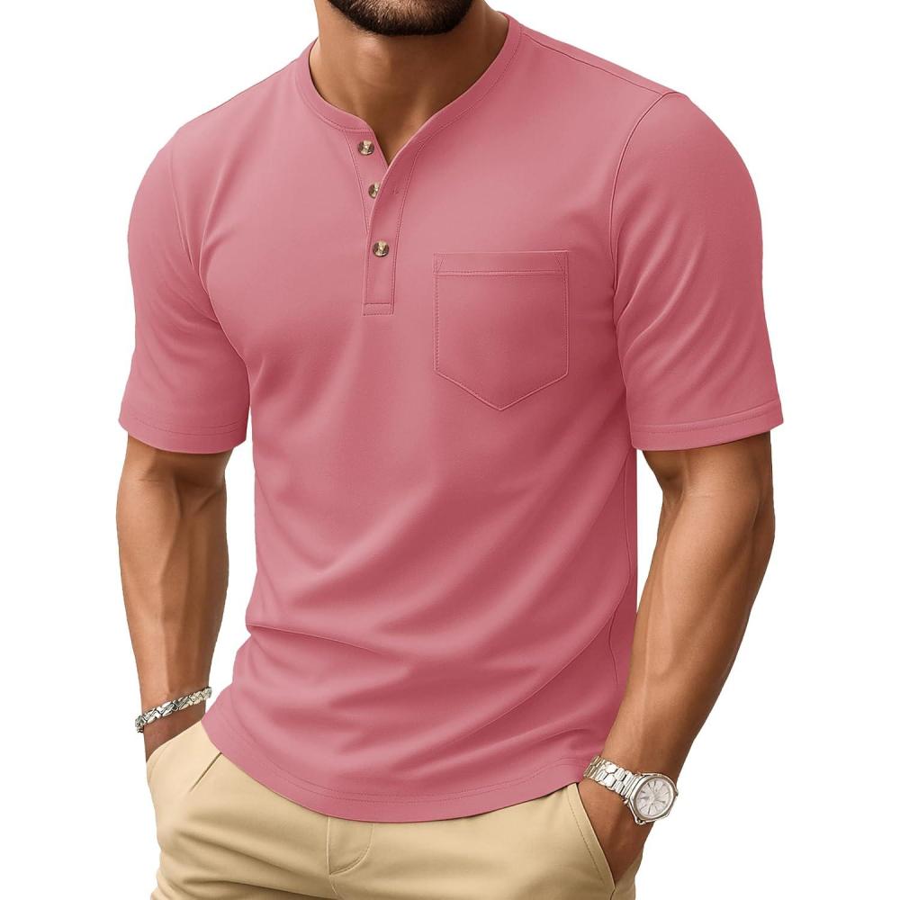 imageMAGCOMSEN Mens Henley Short Sleeve Shirt Cotton Lightweight Tee Shirts Casual Summer Basic Tees with PocketGrey Pink