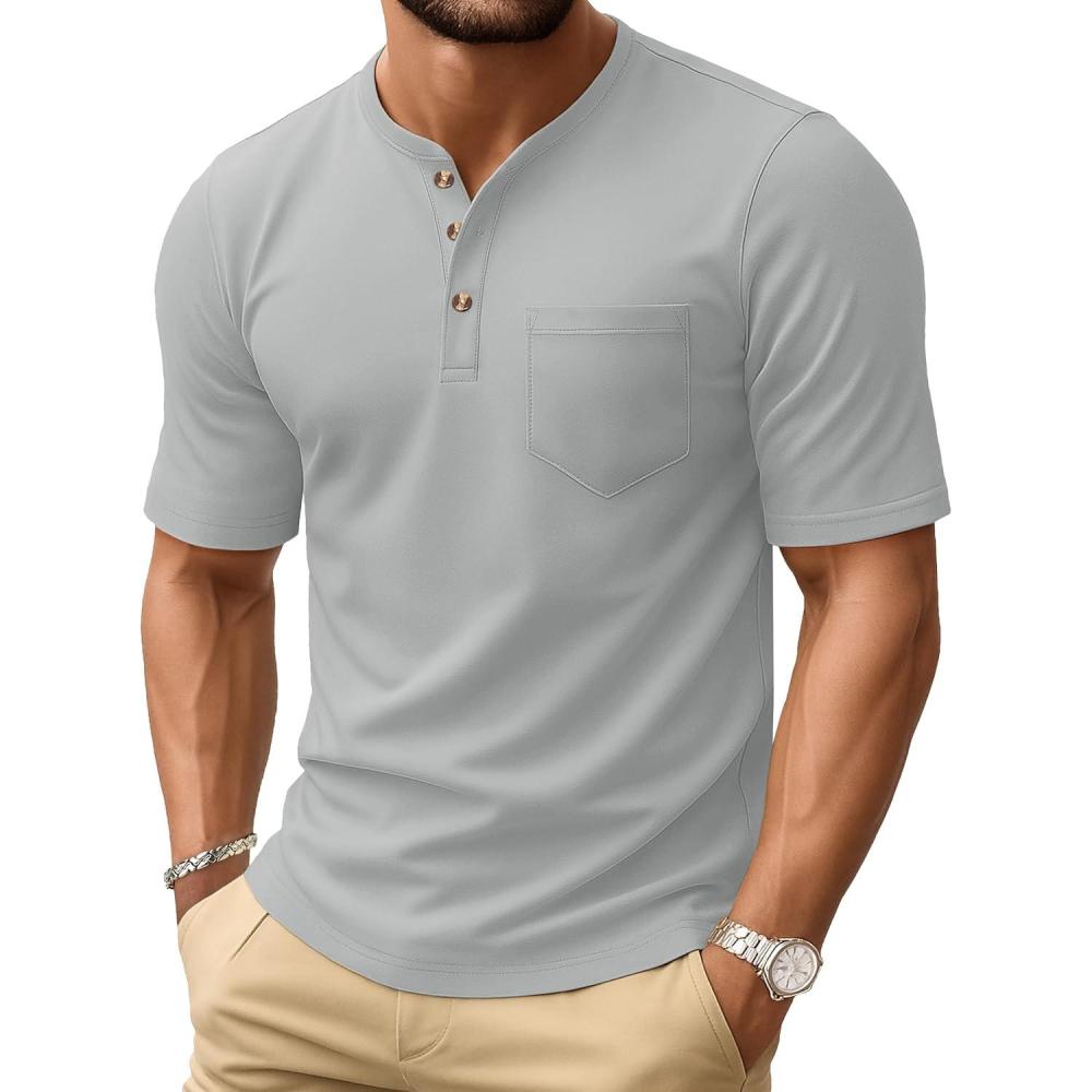 imageMAGCOMSEN Mens Henley Short Sleeve Shirt Cotton Lightweight Tee Shirts Casual Summer Basic Tees with PocketLight Grey