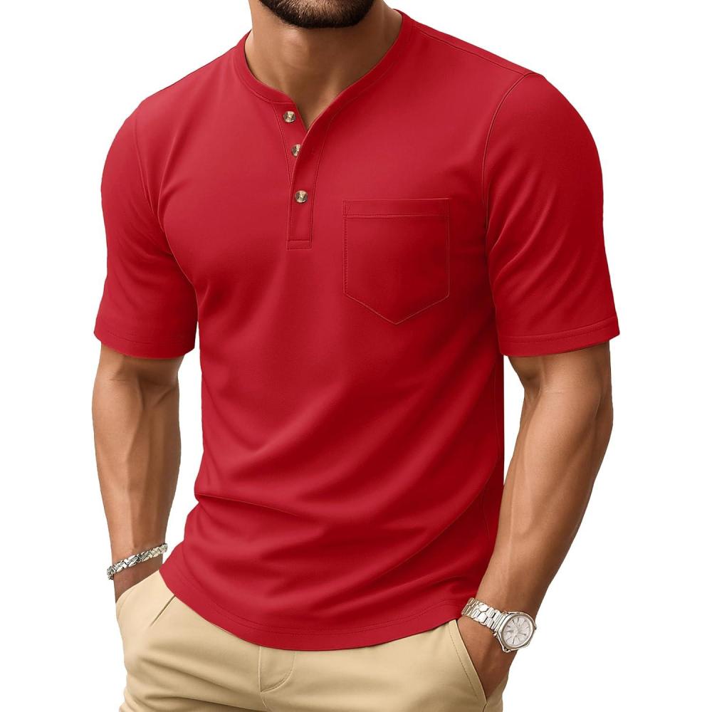 imageMAGCOMSEN Mens Henley Short Sleeve Shirt Cotton Lightweight Tee Shirts Casual Summer Basic Tees with PocketTomato Red