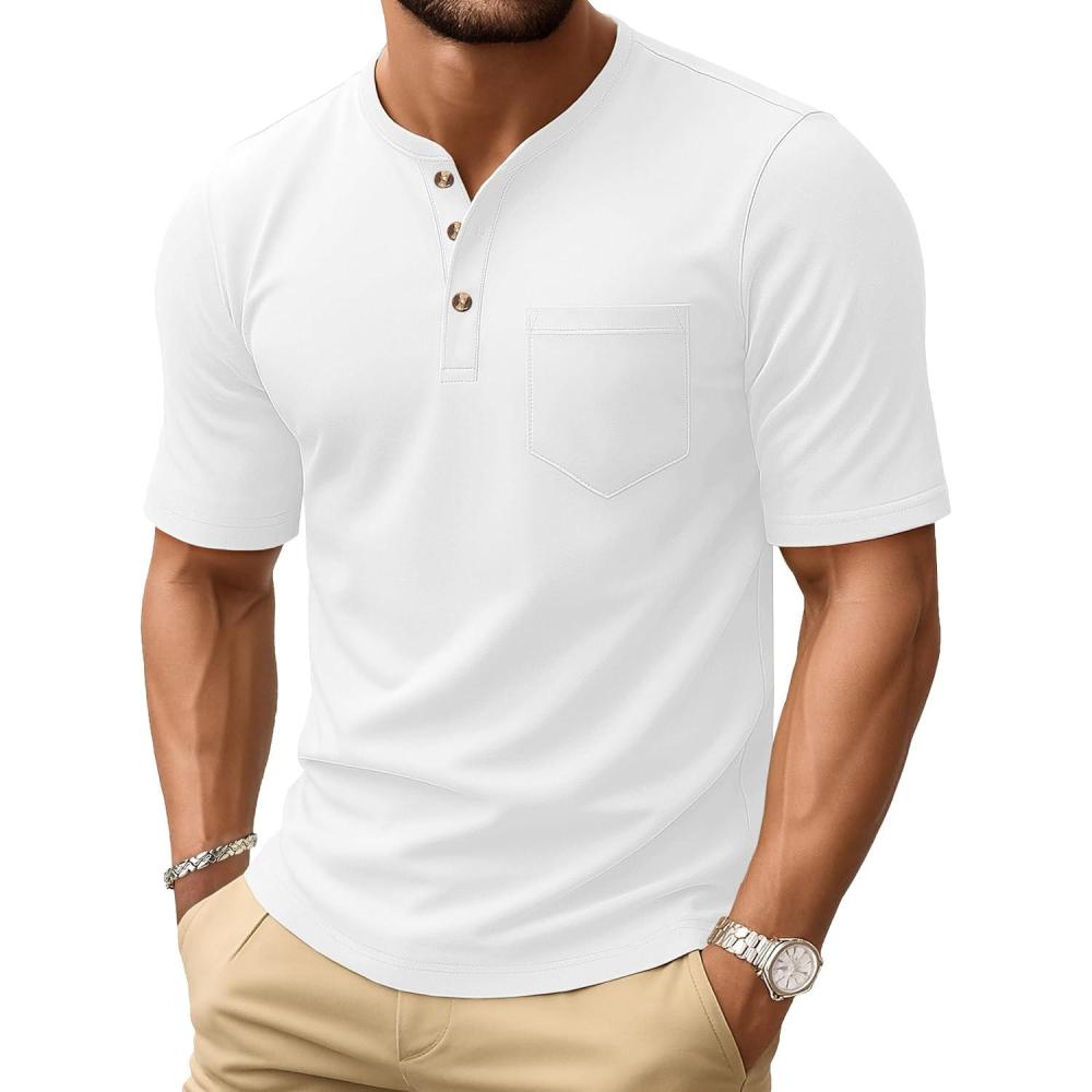 imageMAGCOMSEN Mens Henley Short Sleeve Shirt Cotton Lightweight Tee Shirts Casual Summer Basic Tees with PocketWhite