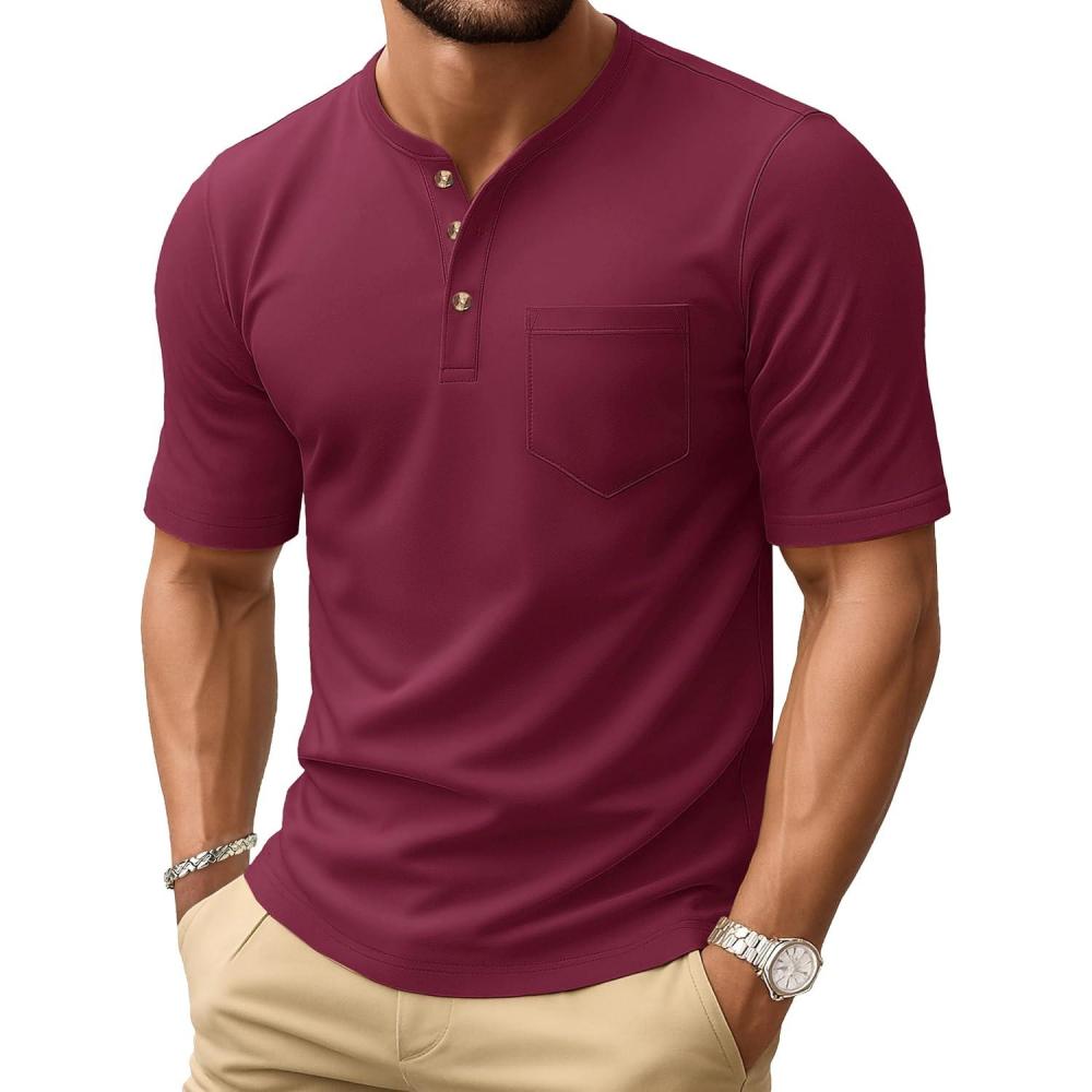 imageMAGCOMSEN Mens Henley Short Sleeve Shirt Cotton Lightweight Tee Shirts Casual Summer Basic Tees with PocketWine Red